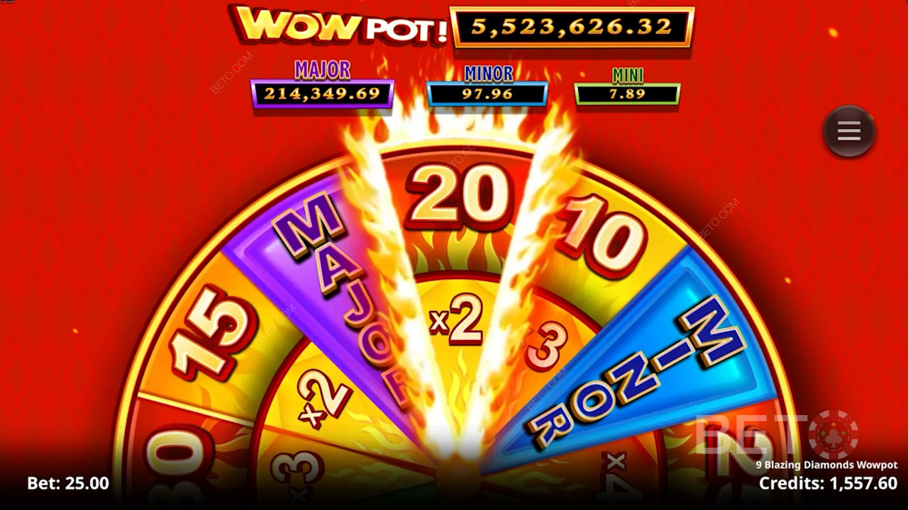 Have a crack at epic Wowpot Jackpot wins in the 9 Blazing Diamonds Wowpot pokie