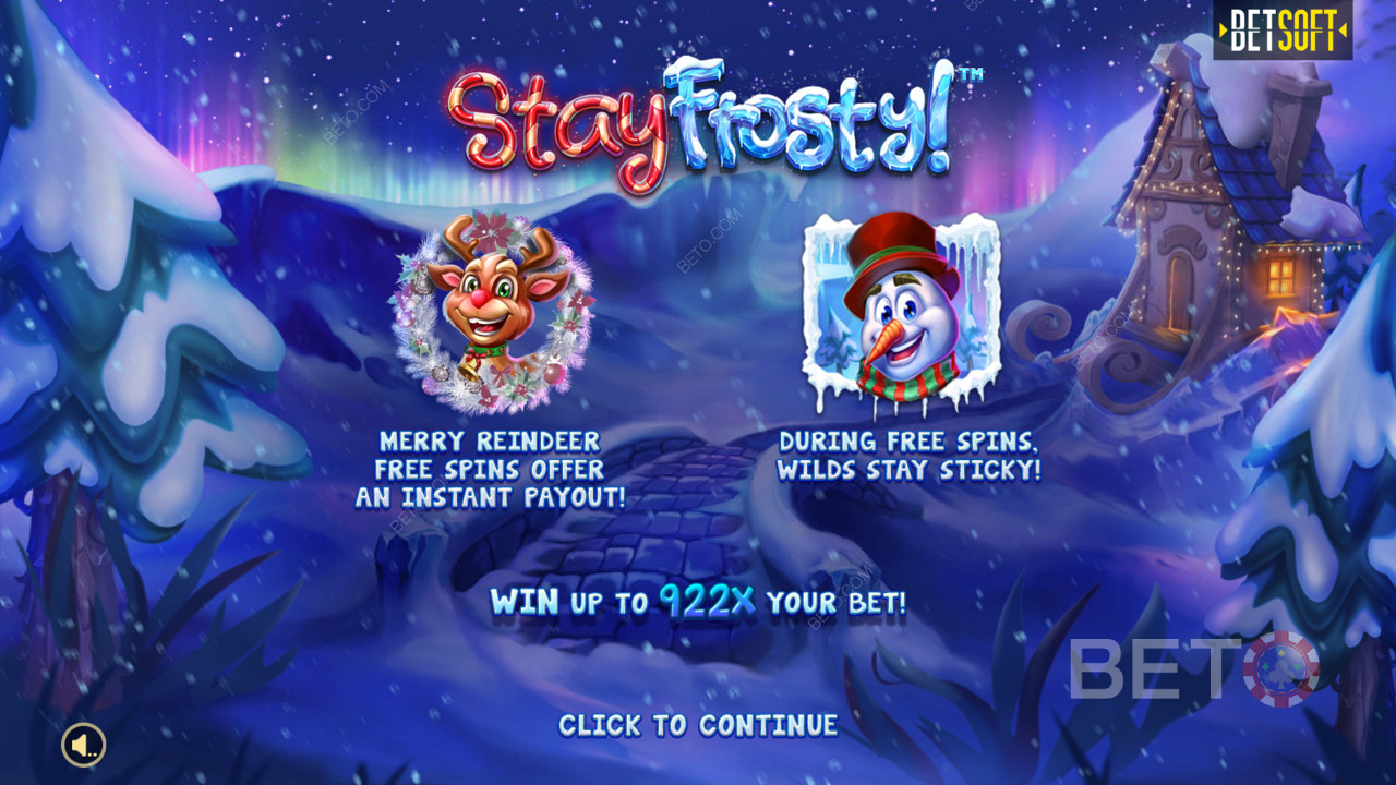 The intro screen in Stay Frosty! Jolly Reindeer Free Spins & Top Win of 922x your bet!
