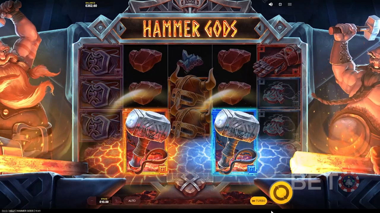 Score red and blue hammers for Free Spins in Hammer Gods pokie