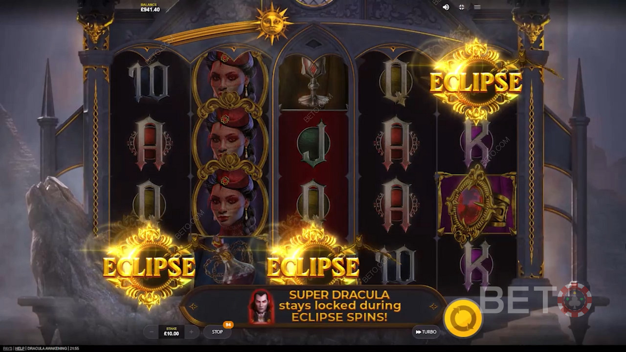 Score 3 eclipse symbols or Scatters for 7 Free Spins in Dracula Awakening pokie