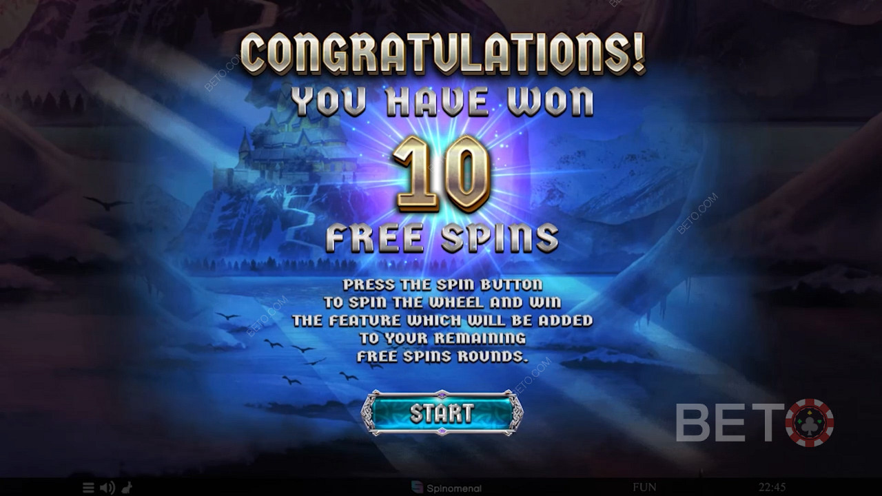 Trigger the Free Spins round to score 10 Free Spins and a Bonus Wheel spin