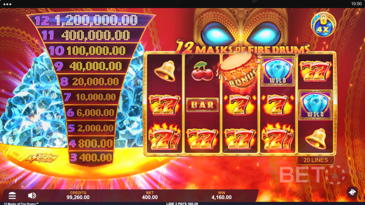 12 Masks of Fire Drums Review by BETO Pokies