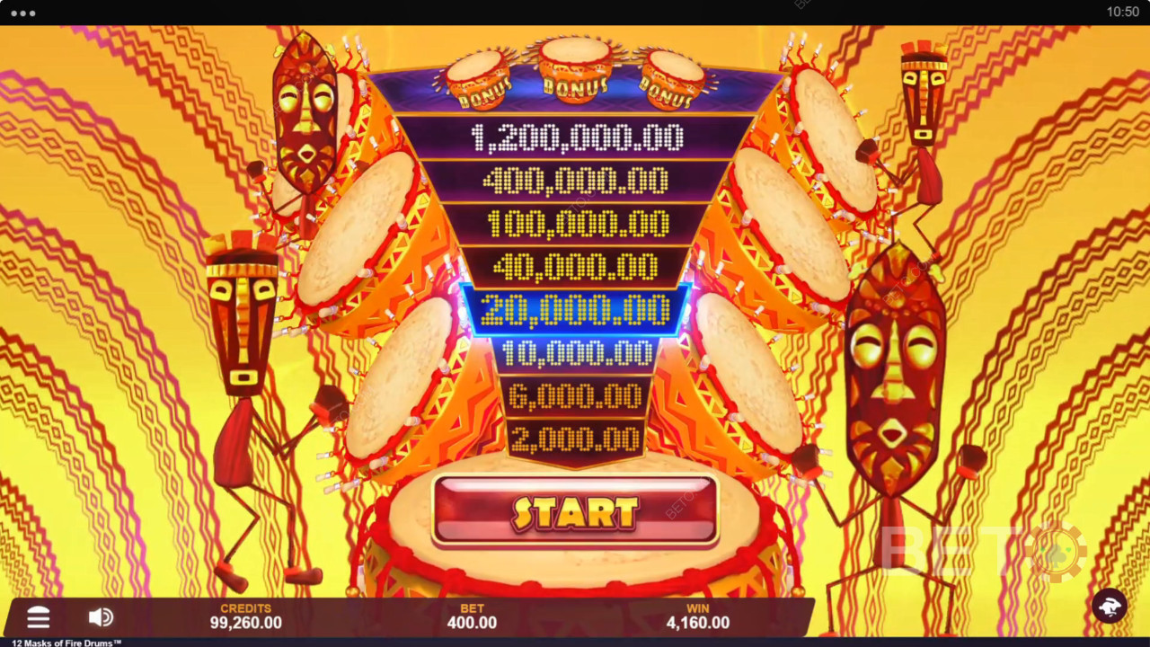 Score 3,125x Your Wager on 12 Masks of Fire Drums Pokie!