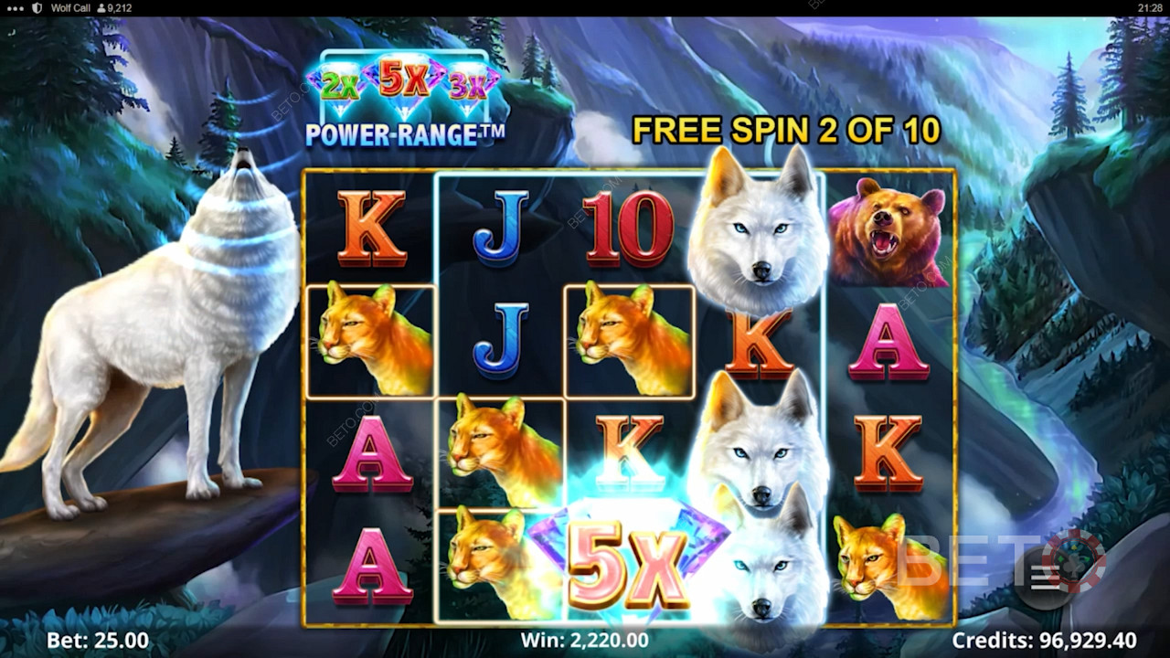 Trigger the Bonus Round for 10 Free Spins and extras in the Wolf Call pokie