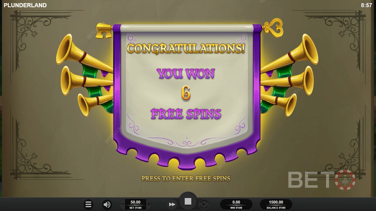 Score 6 Free Spins by landing 3 Scatters on the reels in Plunderland pokie