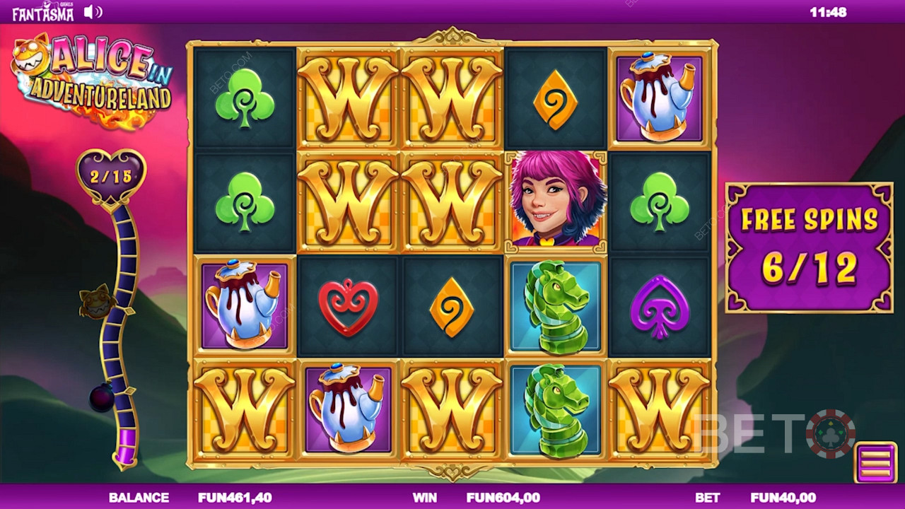 Rack up easy wins with Free Spins in Alice in Adventureland online pokie