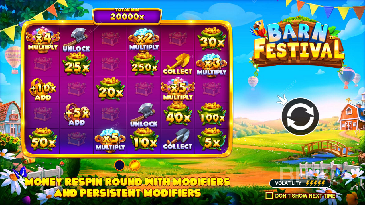 Enjoy the Respins feature with special symbols in the Barn Festival pokie
