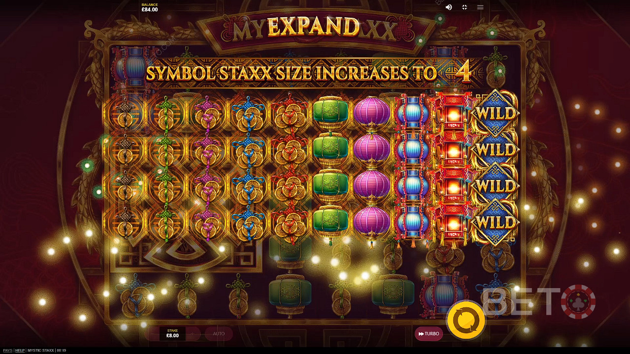 One spin with expanded symbols could bring massive wins in Mystic Staxx pokie