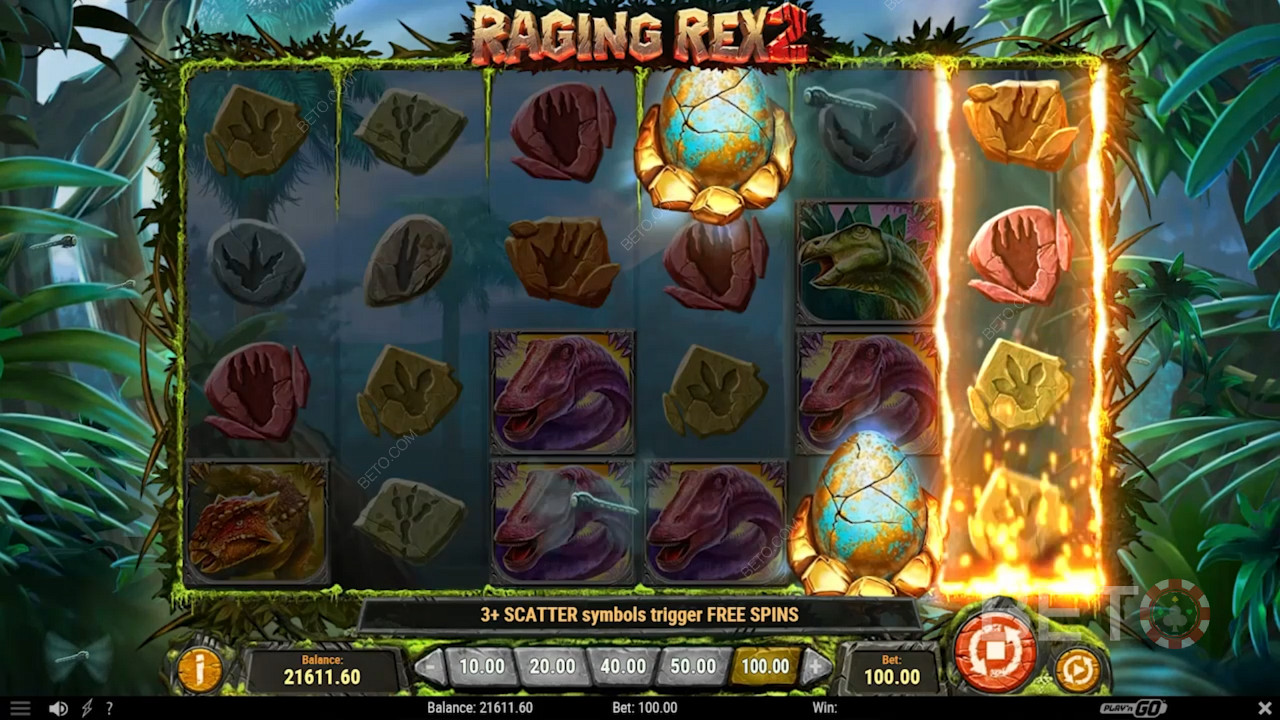 Snag at least 3 Scatter symbols to kick off Free Spins in Raging Rex 2 pokie