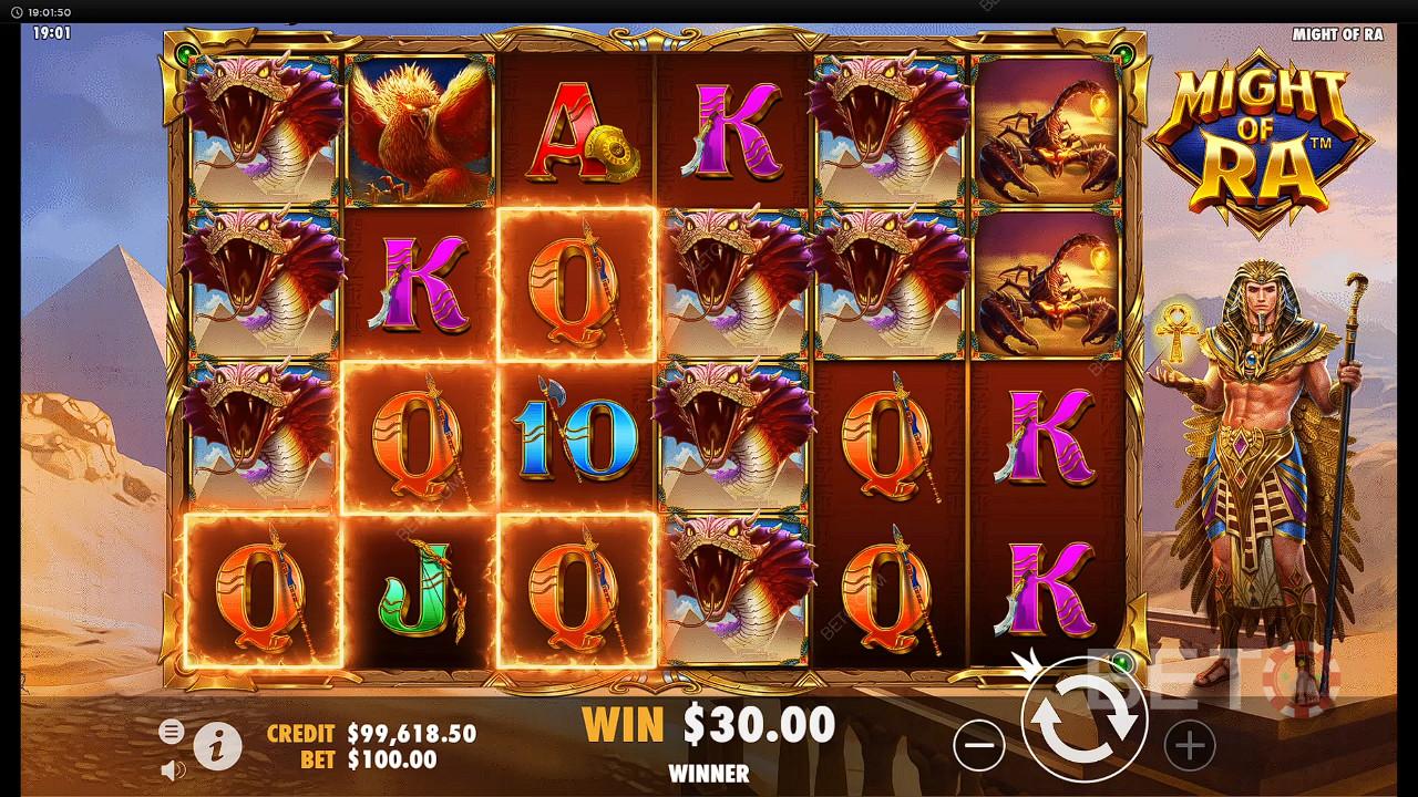 Experience thrilling symbols and potent features in the Might of Ra pokie