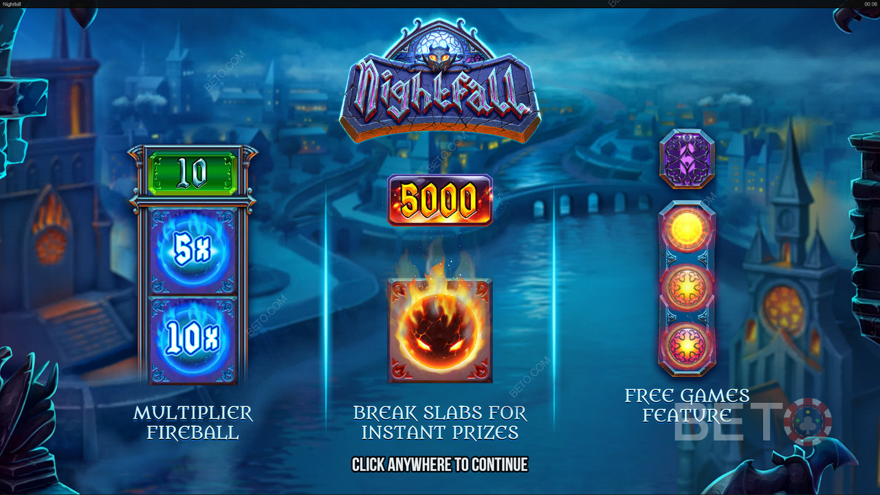 Experience thrilling features like Multiplier Fireballs and Free Spins in the Nightfall pokie