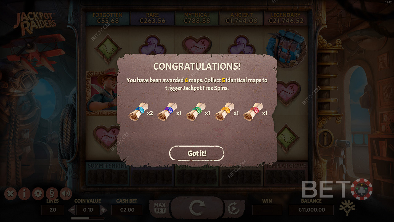 Snag five matching treasure maps in the Bonus Games for a crack at Jackpot Prizes