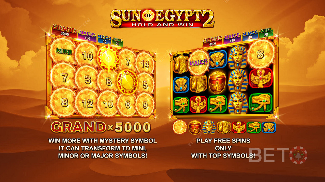 Score Jackpots up to 5,000x your wager and Free Spins in Sun of Egypt 2 pokie
