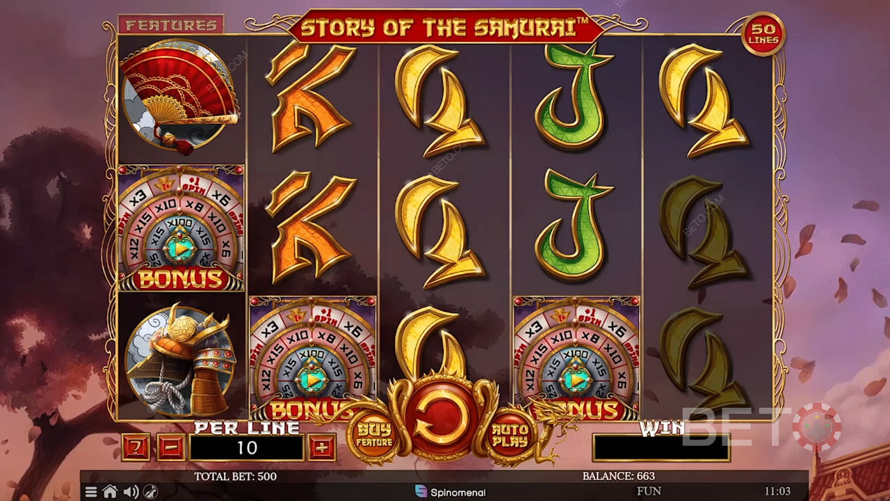 3+ bonus symbols trigger the Bonus Game in Story of The Samurai pokie