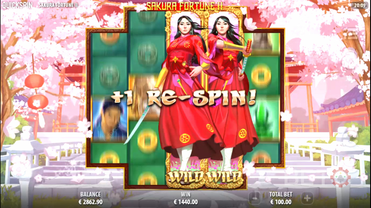 Score Re-Spins when Stacked Sakura Wilds fill the reels, mate