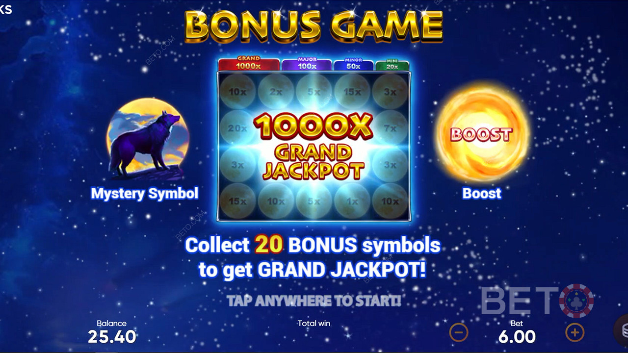 Nab 20 Bonus symbols in the Bonus Game to unlock the Grand Jackpot