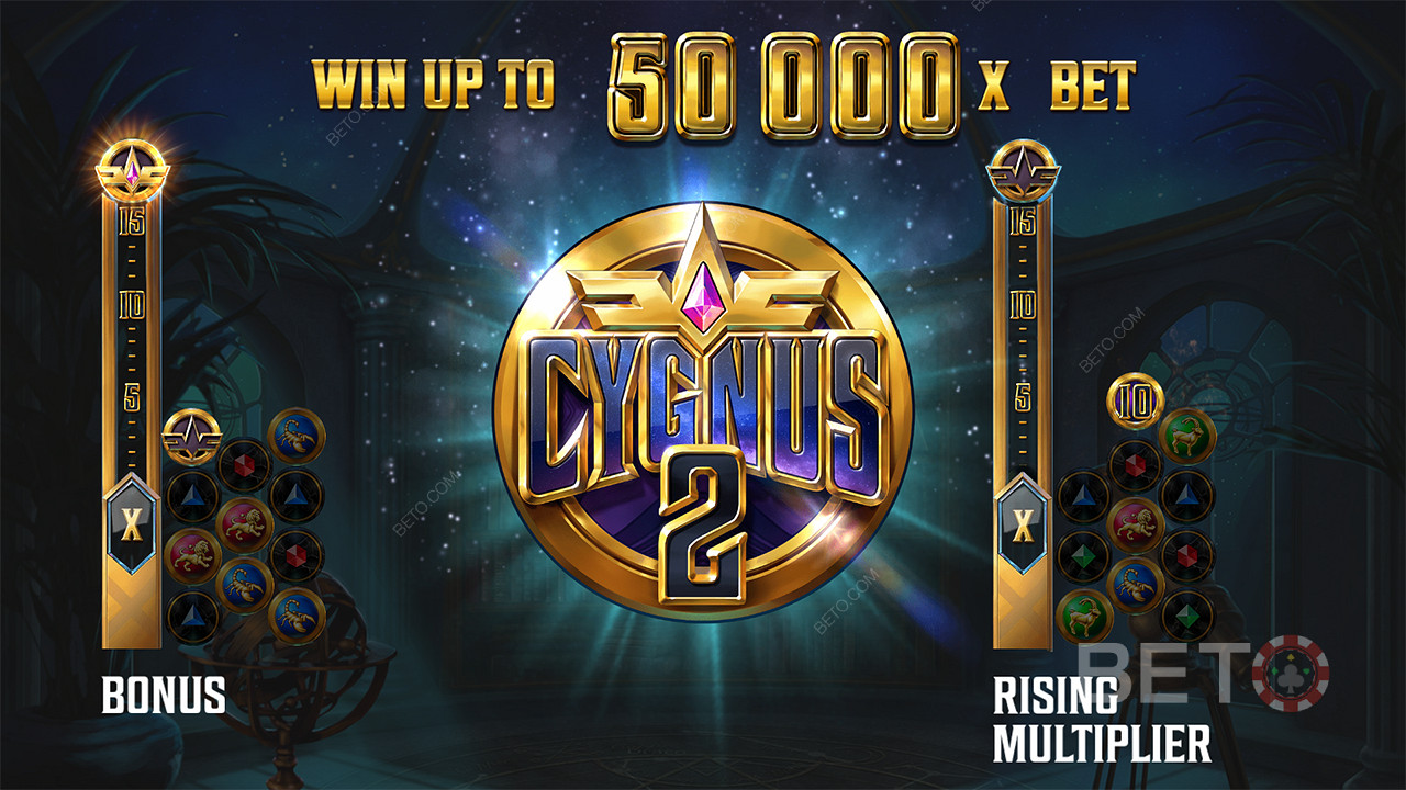 The top prize is 50,000x your wager in the Cygnus 2 pokie