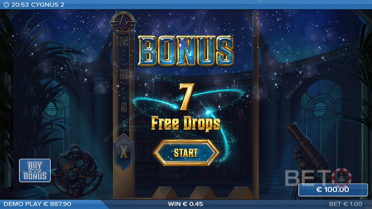 Score 7 Free Drops when a bonus symbol lands on the far left reel