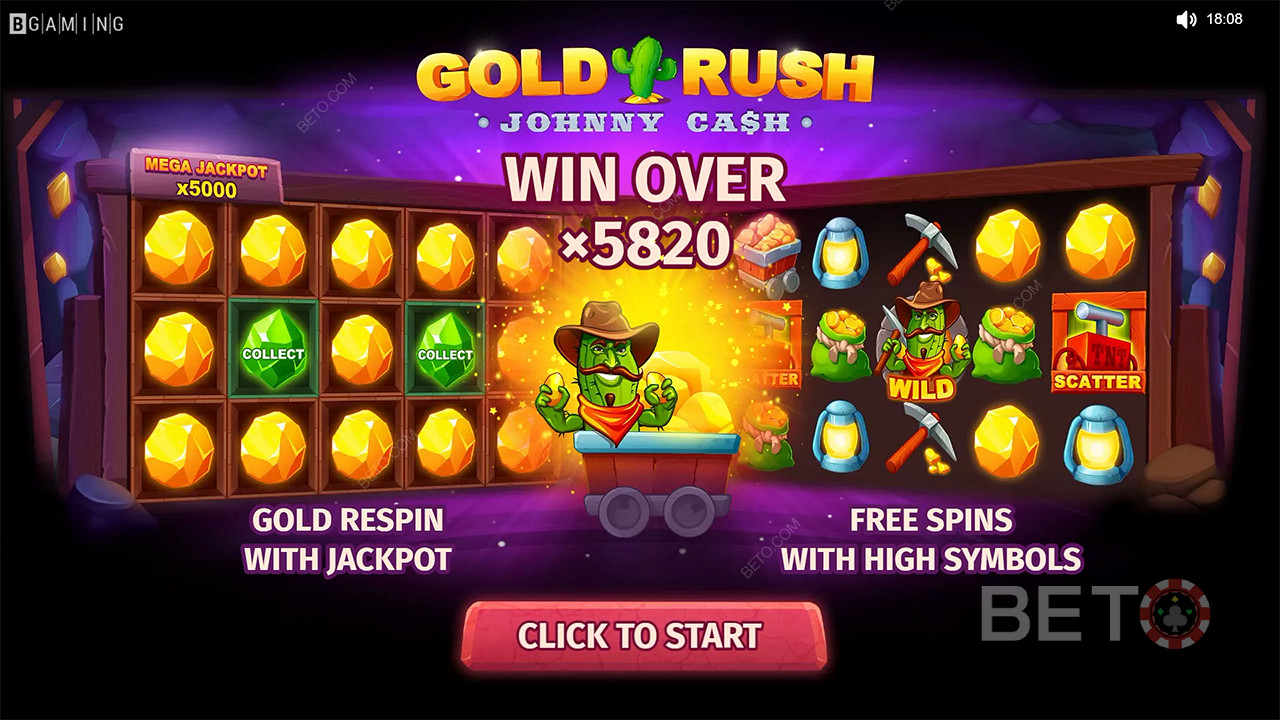 Spin for Riches and Free Games with top symbols in Gold Rush With Johnny Cash pokie