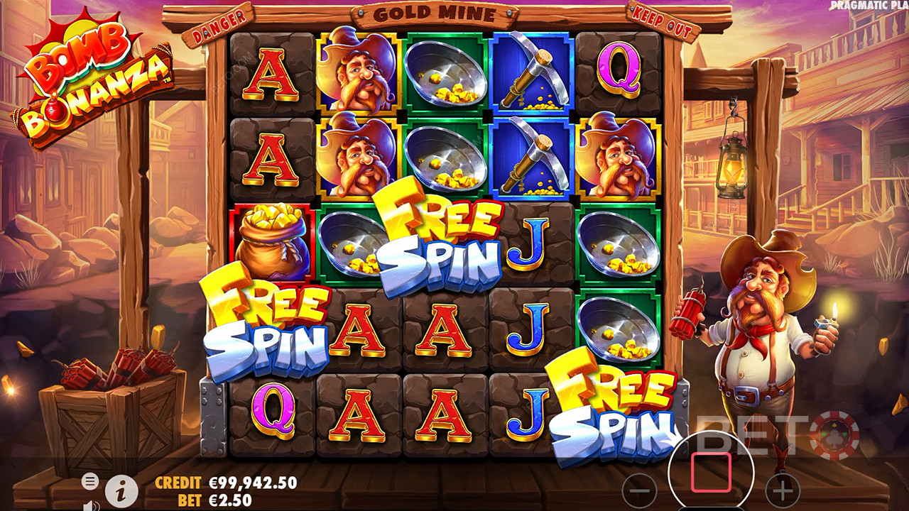 3 Scatters trigger Free Spins in the Bomb Bonanza pokie machine
