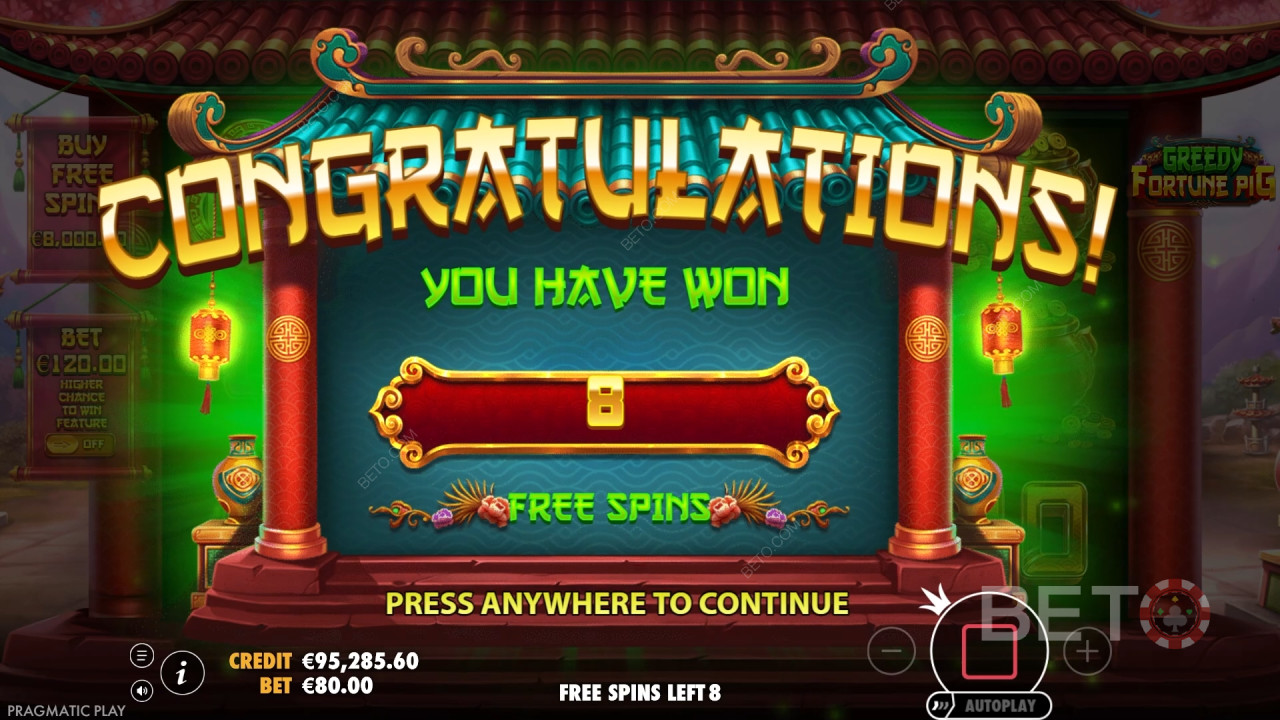 Win 8,888x Your bet in the Greedy Fortune Pig Pokie!