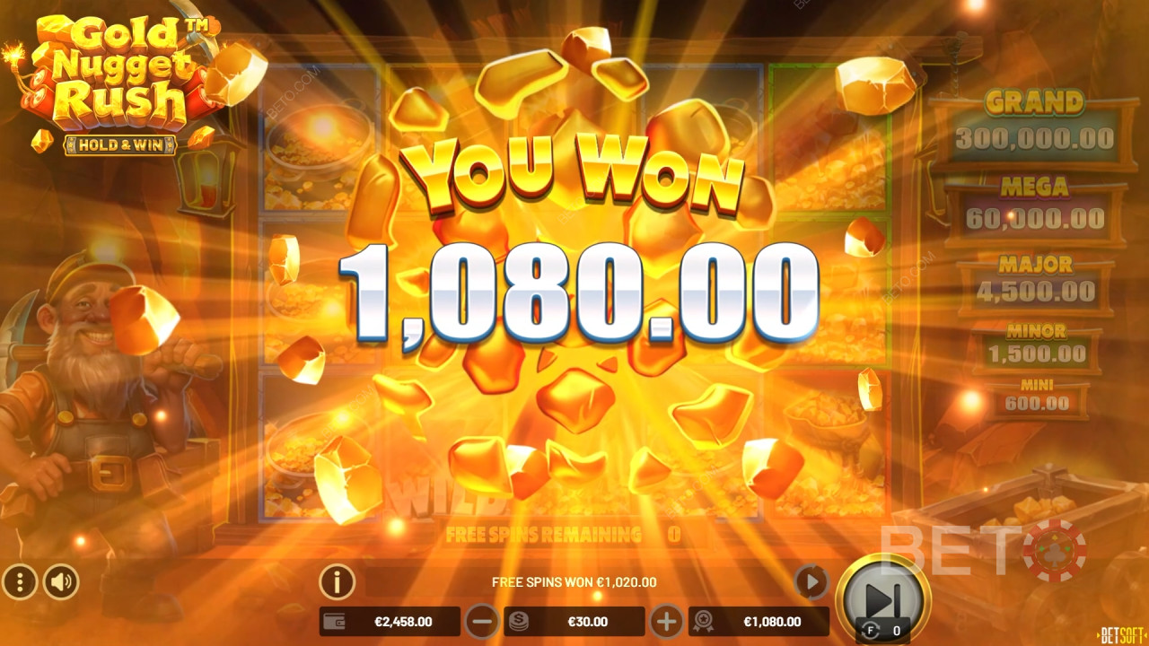 Win 10,000x Your bet in the Gold Nugget Rush Online Pokie!