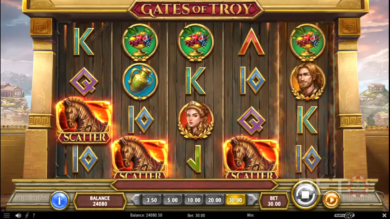 3+ Scatters unlock Free Spins in Gates of Troy pokie game