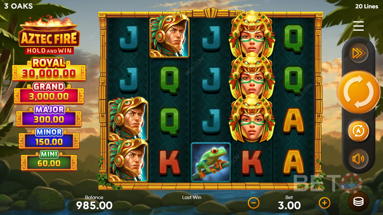 Score up to 10,000x your wager in the Aztec Fire: Hold and Win pokie