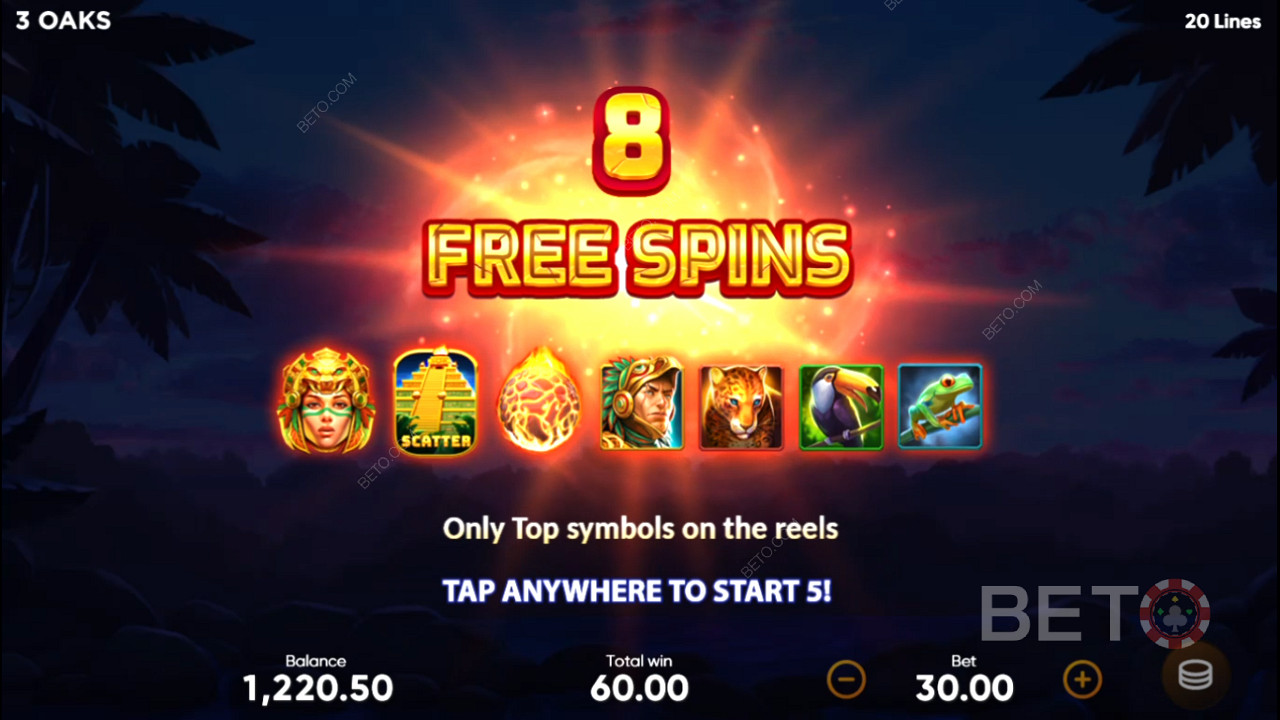 Score 3 Scatters for 8 Free Spins with top-paying symbols only