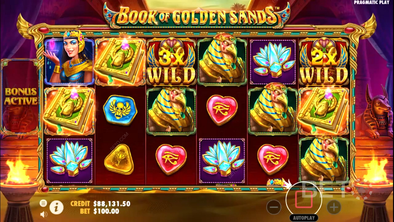 Multiplier Wilds pop up in the Book of Golden Sands online pokie