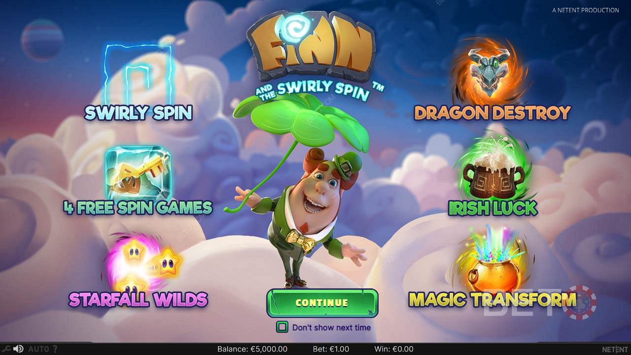 Experience a cracker of features in Finn and the Swirly Spin online pokie