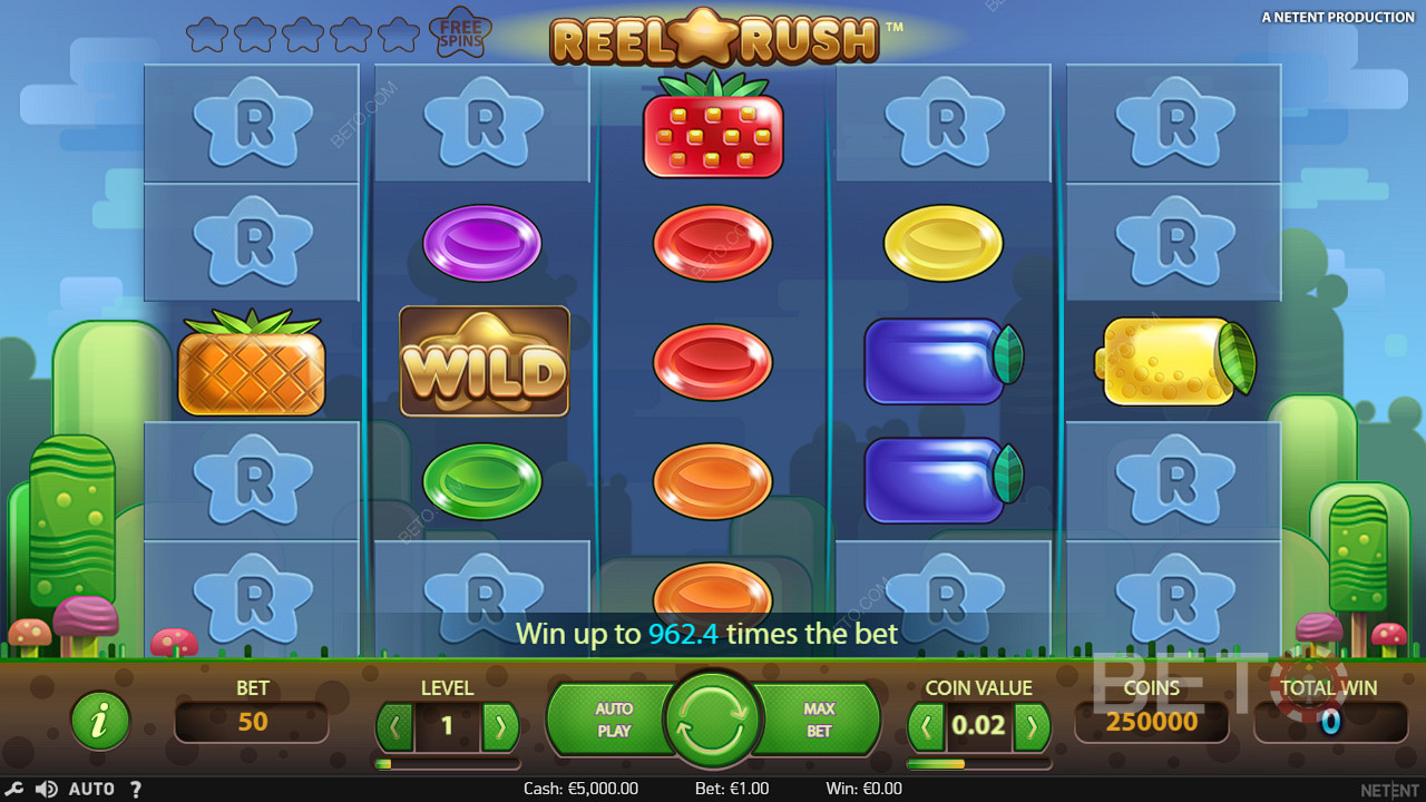 Heaps of wild symbols pop up to boost wins in the Reel Rush pokie