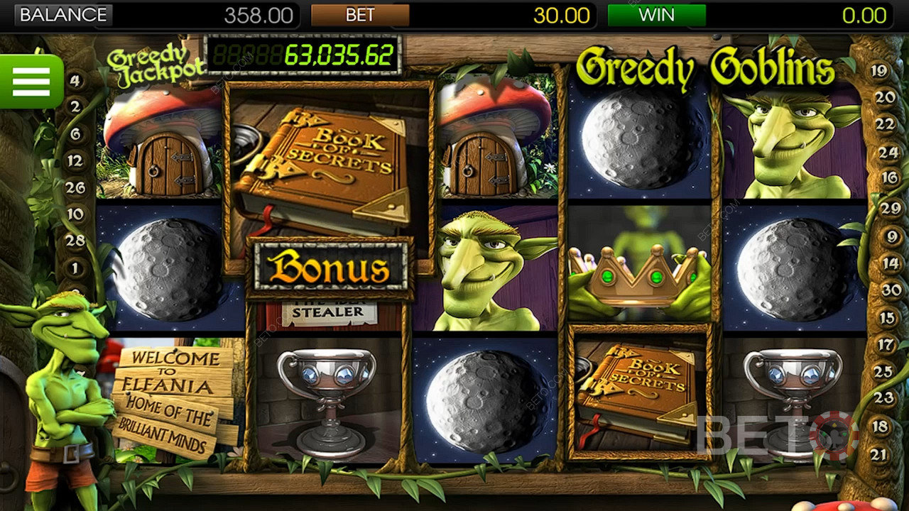 Score 2 Tome of Mysteries icons on reels 2 and 4 to unlock the Tome of Mysteries bonus round