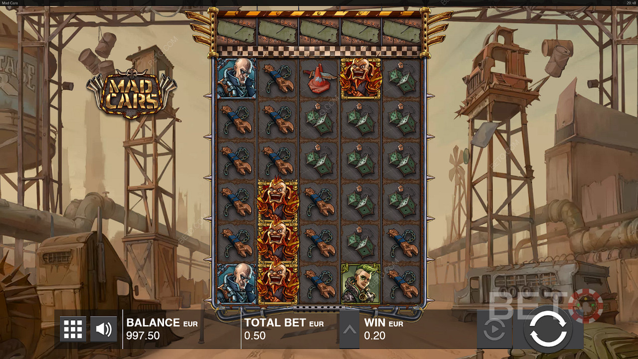 Rev up massive reels with heaps of rows and 50 paylines in Mad Cars pokie