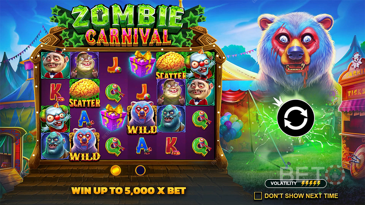Score up to 5,000x your wager in the Zombie Carnival pokie